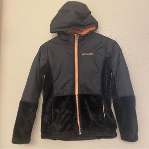 Columbia black orange Sherpa fleece Full Zip Hooded Jacket Overlay M  10-12